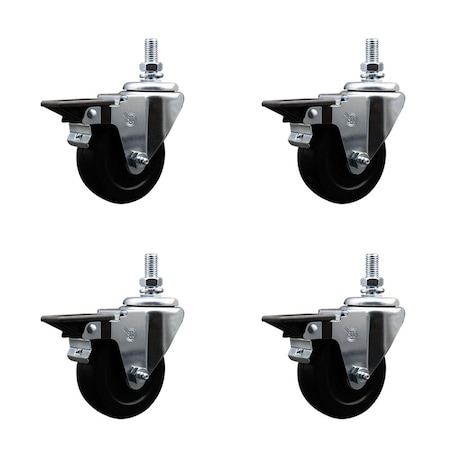 Service Caster 35 Inch Hard Rubber 10 MM Threaded Stem Caster Set with Brake SCC-TS20S3514-HRS-PLB-M1015-4